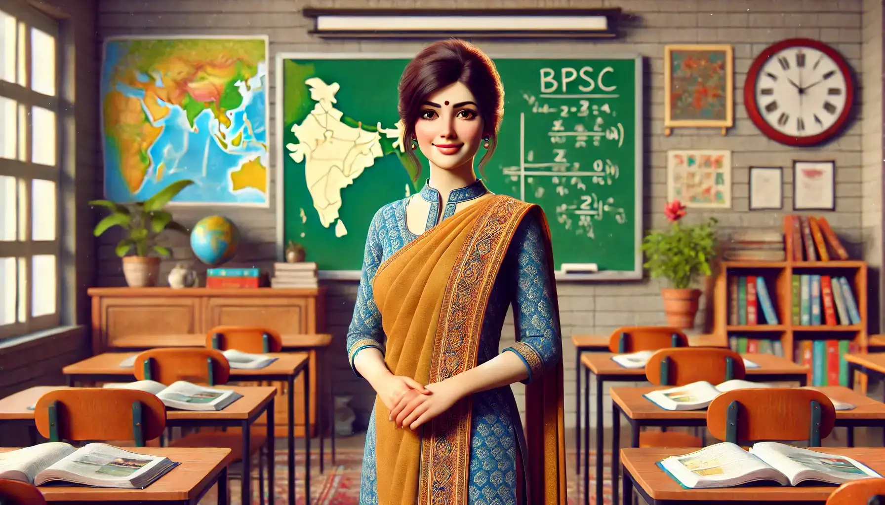 A young or teenage female teacher in a classroom, representing the role of a BPSC teacher. She is standing confidently in classroom with green board, wall clock, paintings, india map and globe in back. There are some empty benches with books on them and a book shelf.